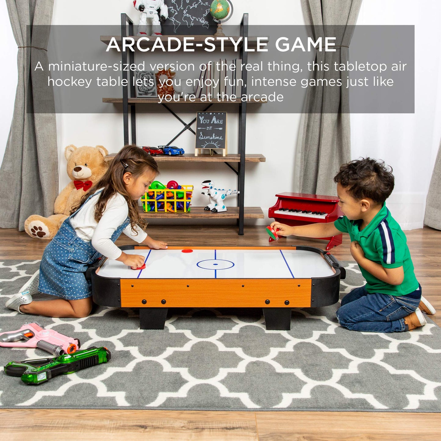 Best Choice Products 40in Air Hockey Arcade Table w/ 100V Motor, Electric Fan, 2 Strikers, 2 Pucks - Light Brown