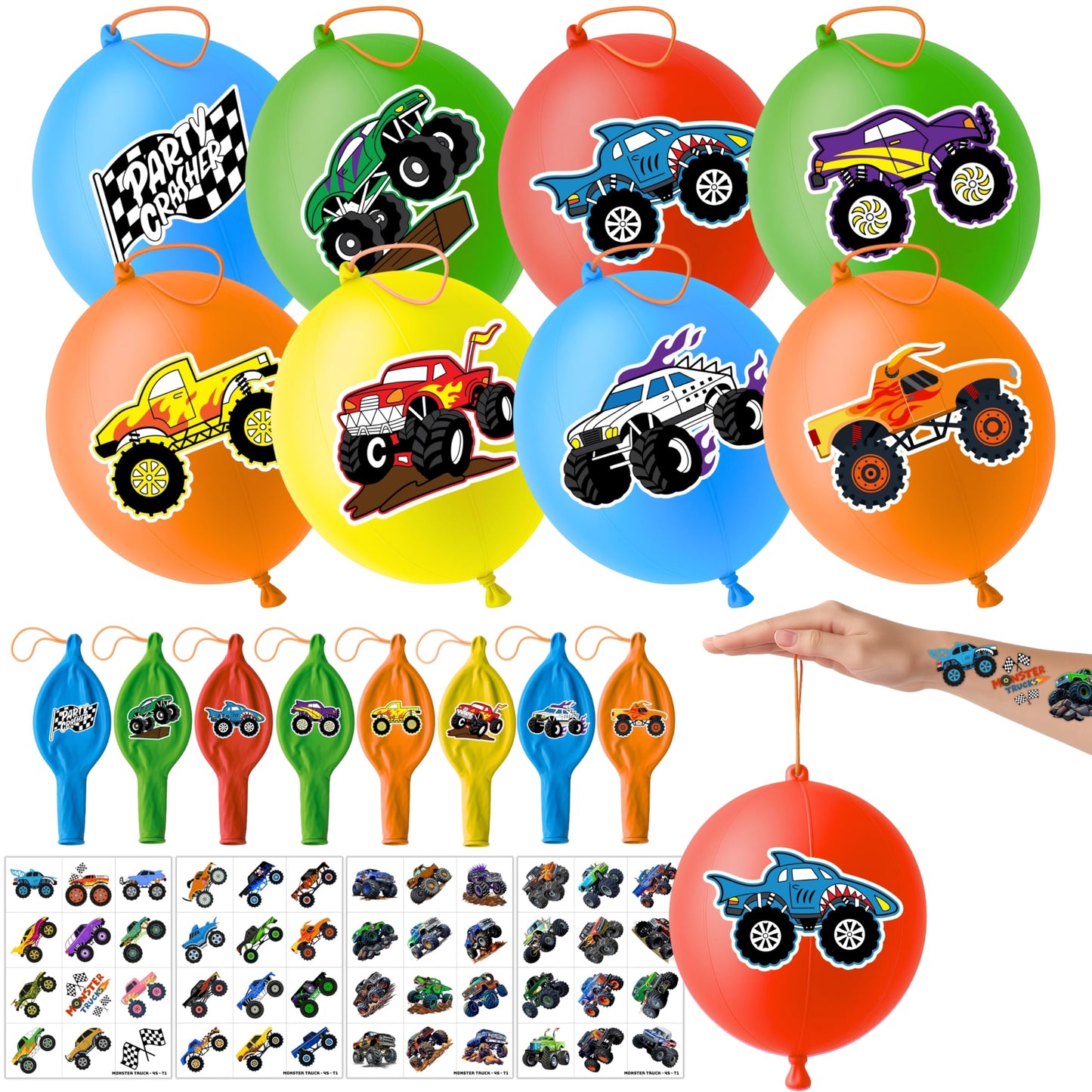 ThuanXuanLoc 72 PCS Monster Truck Party Favors - 48 PCS Temporary Tattoos & 24 PCS Punch Balloons Combo - Birthday Gifts & Goodie Bag Fillers