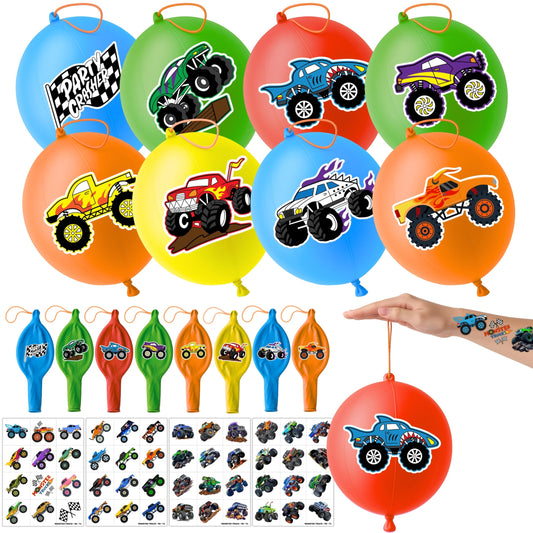 ThuanXuanLoc 72 PCS Monster Truck Party Favors - 48 PCS Temporary Tattoos & 24 PCS Punch Balloons Combo - Birthday Gifts & Goodie Bag Fillers