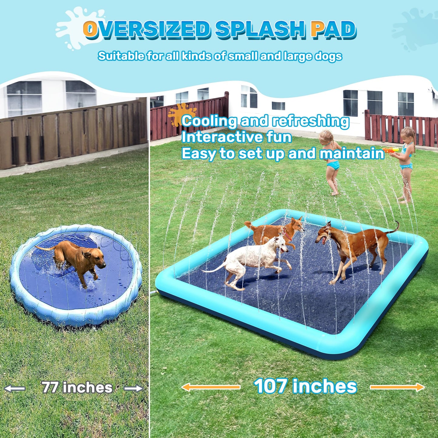 Bilibara 107'' Splash Pad for Dogs, Non-Slip Sprinkler for Kids, Square Splash Pad for Kids Ages 4-8, Splash Pads for Toddlers 1-3, Dog Sprinkler Shallow Pool, Outdoor Water Toys for Backyard, Teal