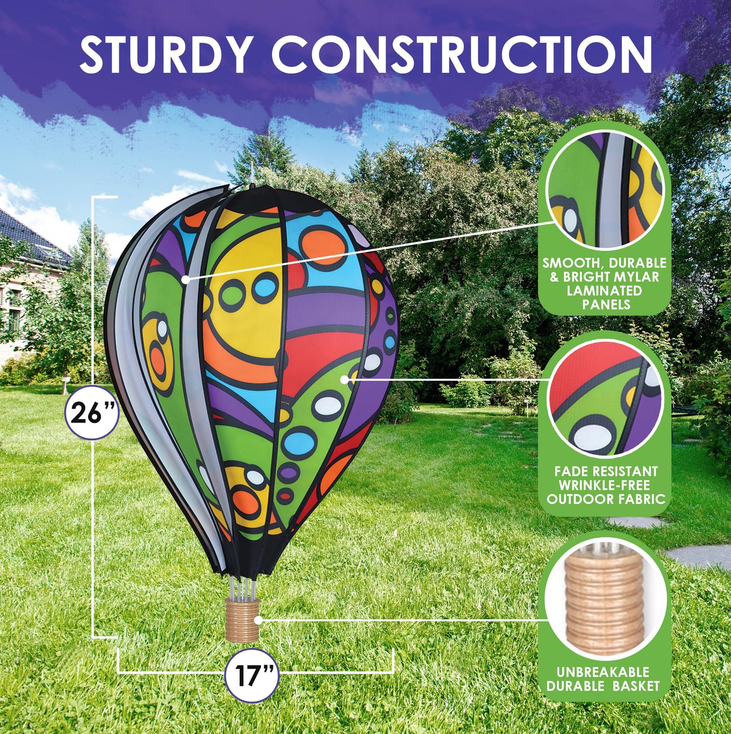 Hot Air Balloon Hanging Garden Spinner 26" - Vibrant Rainbow Orbit Design, Weather-Resistant Outdoor Decor, Durable & Lightweight for Patios, Yards, and Gardens - Eye-Catching Wind Spinner