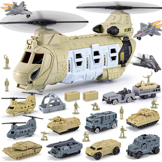 XDUOYJOY Military Helicopter Toys Set, Army Airplane Toys with Vehicles, Trucks, Tanks, Fighter Jets, Plane, Aircraft, Army Men - Christmas Birthday Party Gifts for Kids