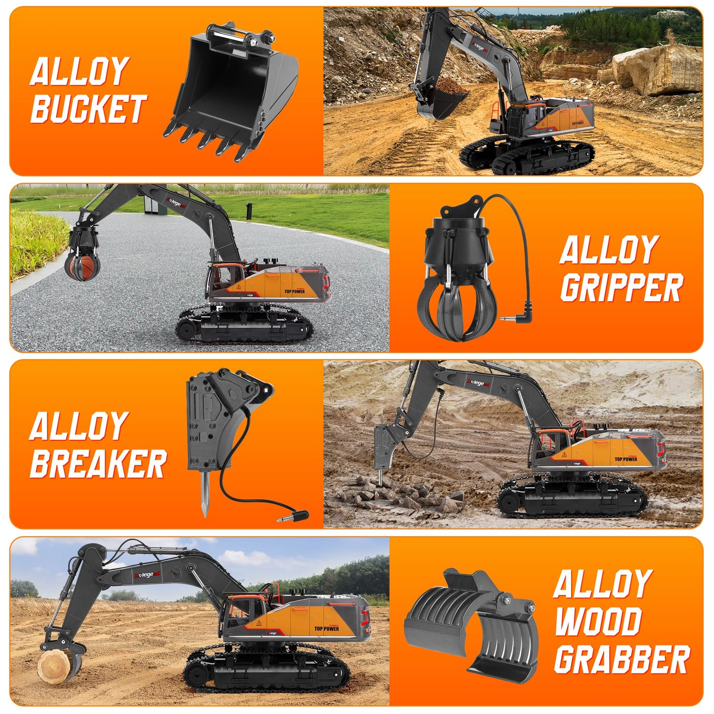 kolegend 1:14 RC Excavator 25 Channel 4 in 1 Construction Toys,Remote Control Vehicles Tractor Sandbox Toys Digger,with Metal Bucket,Drill Bit,Gripper & Wood Gripper RC Truck