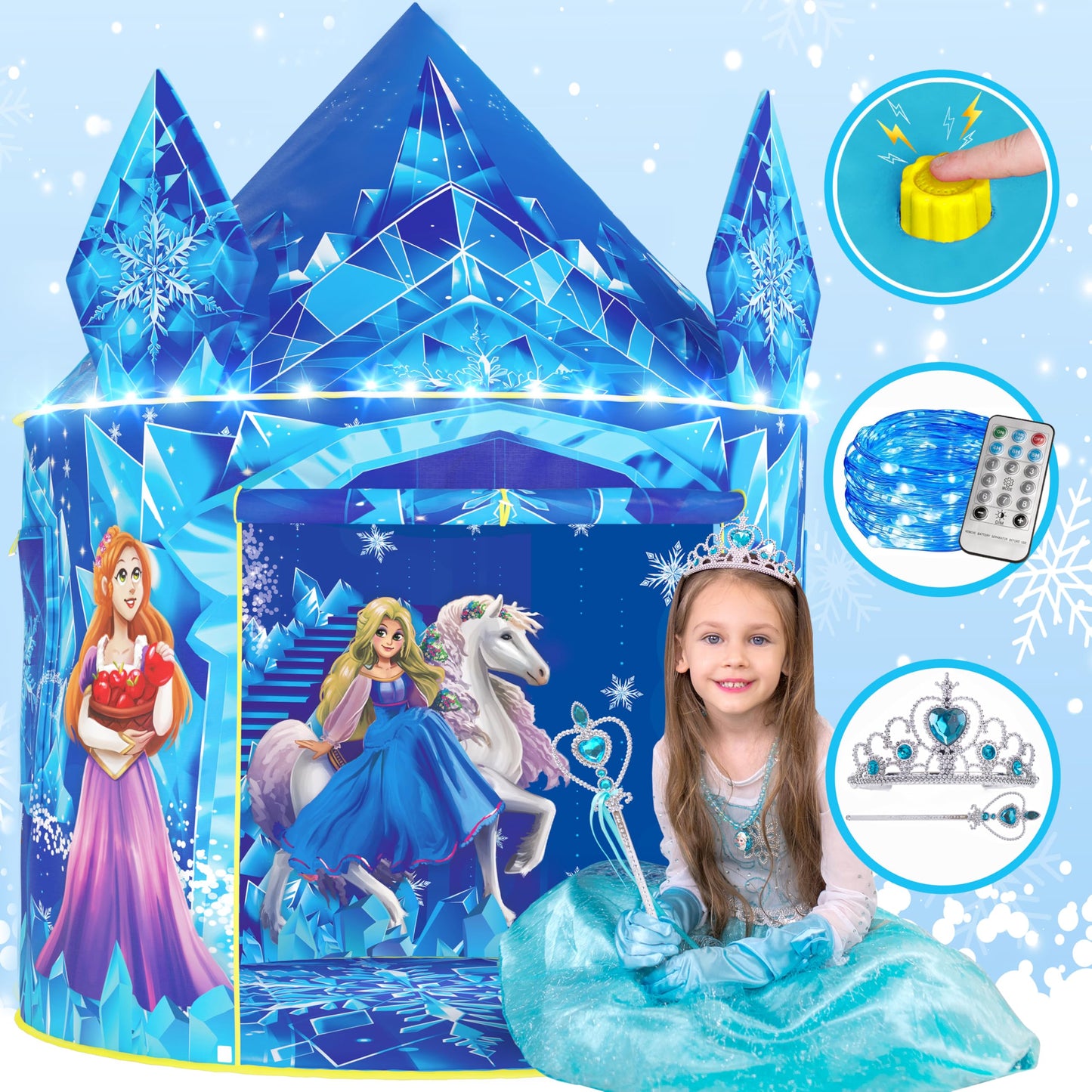 W&O Frozen Princess Tent for Girls with Magical Sound Button, LED Lights, Crown & Wand – Indoor & Outdoor Frozen Tent for Girls Ages 3-7