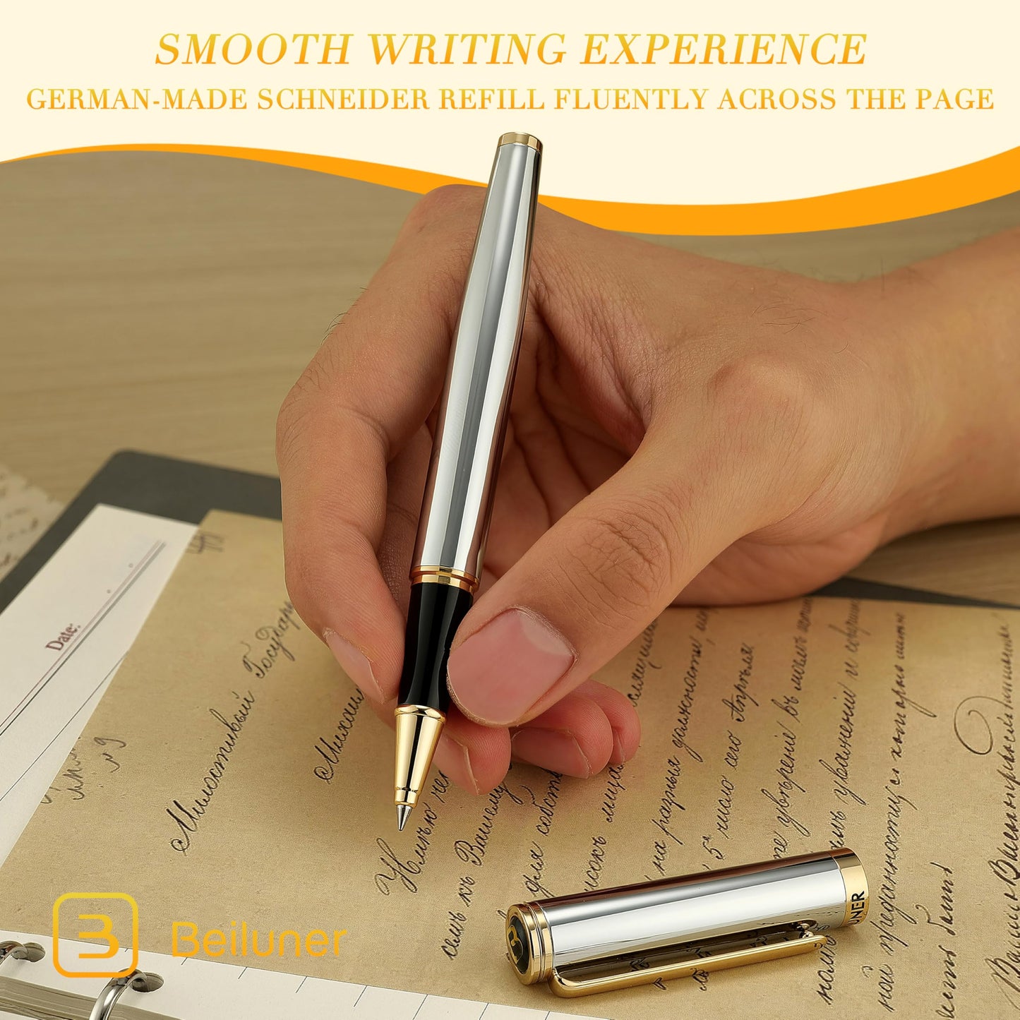 BEILUNER Luxury Rollerball Pen, Stunning Silver Chrome with 24K Gold Finish,Noble and Elegant Designs,Schneider Ink Refill, Best Gift Pen for Men & Women, Professional, Executive Office, Fancy Pens