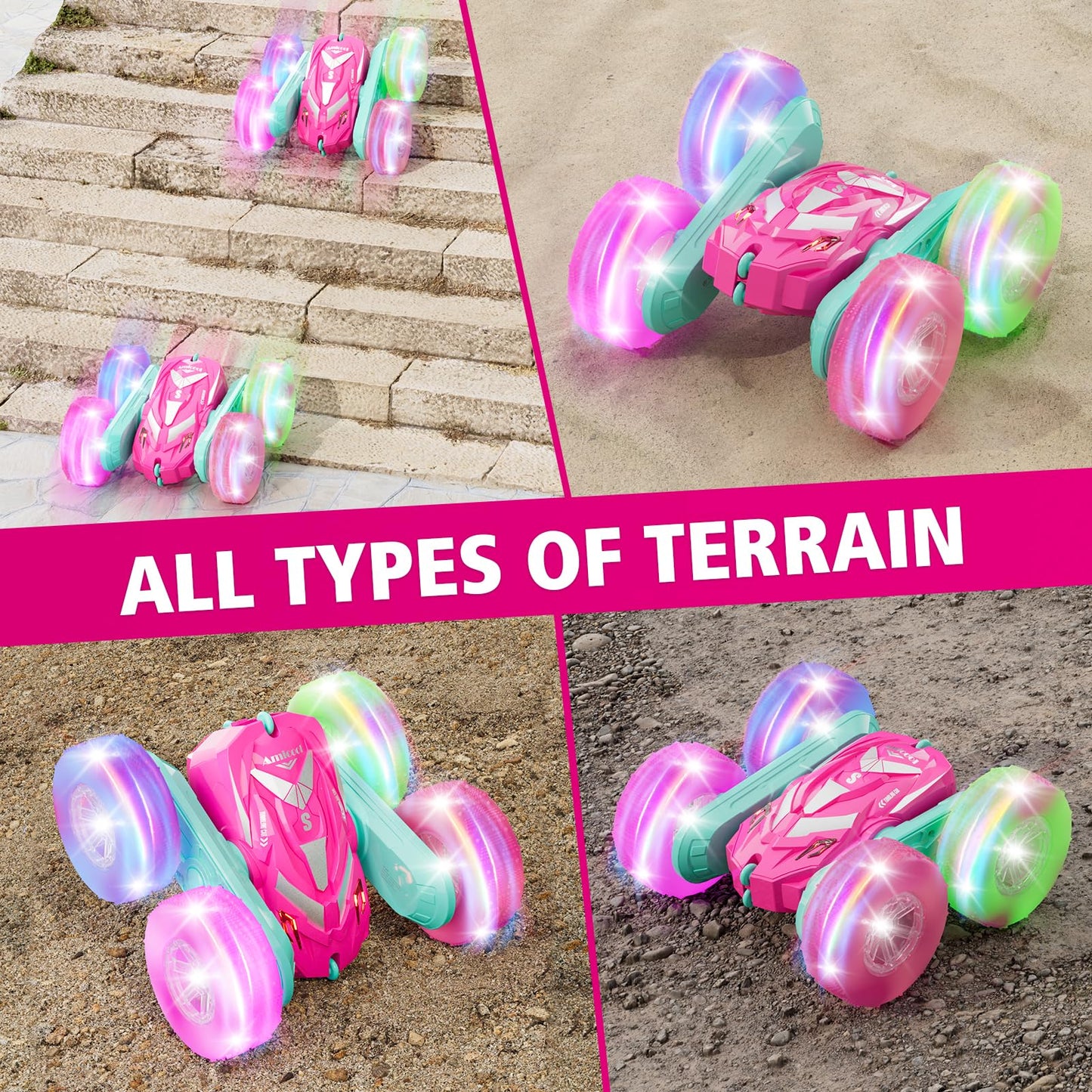 Amicool Remote Control Car for Girls 6-12 with Flashing Light, Toys 6 7 8 9 Years Old Girl Birthday Gifts Idea, RC Cars Stunt 4WD 2.4Ghz Double Sided 360° Flip, Present for Kids, Christmas, Pink