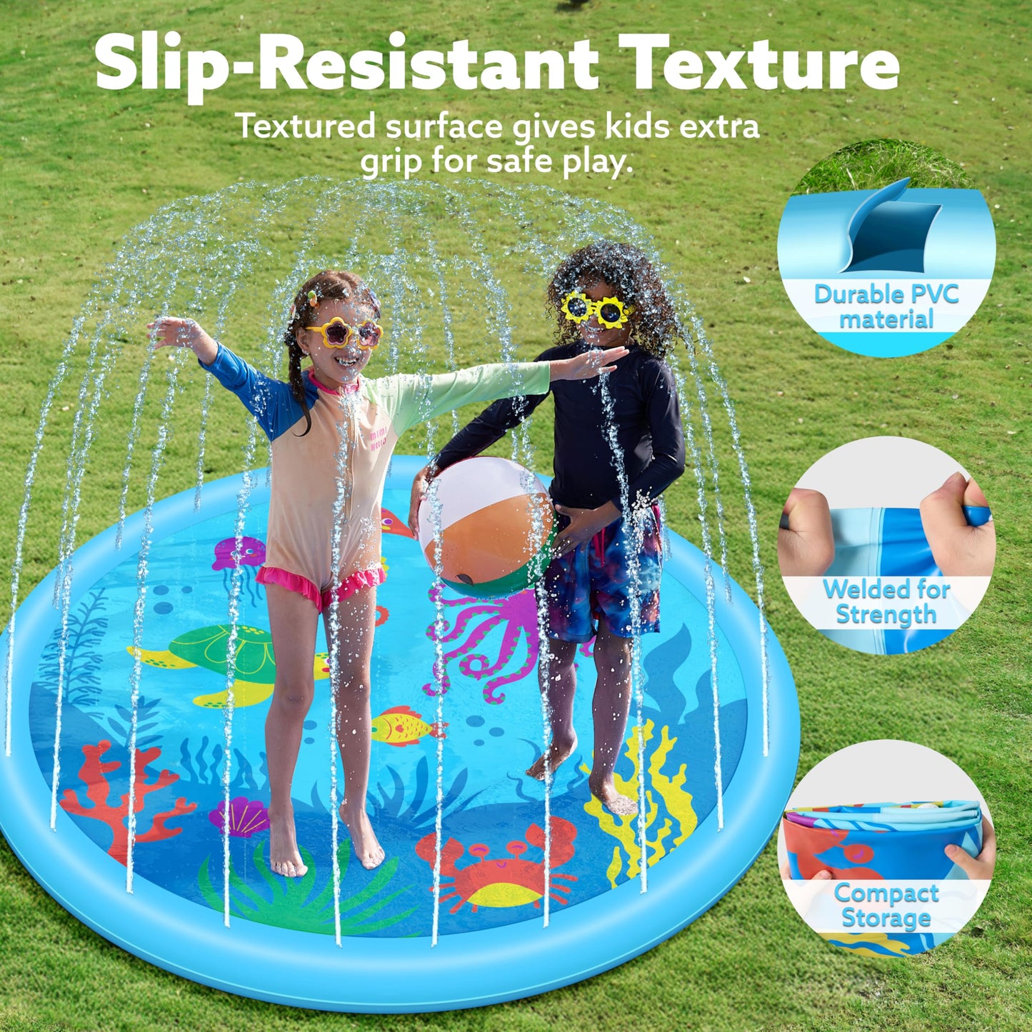 SLOOSH 60" Splash Pad Water Toys - Sprinkler Mat for Toddler Kids Baby Play Water Games Pool Fun, Summer Outdoor Garden Lawn Backyard Party Supplies Gifts for Boys Girls (Sea Themed)