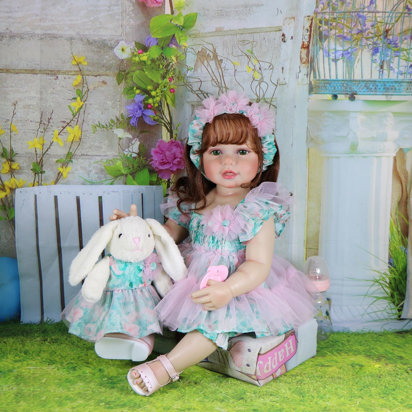 WAWA-HAOKEAI Garden Party – 22 Inch Realistic Reborn Toddler Girl Doll with Hand-Rooted Red Hair & Green Eyes, Poseable Full Vinyl Body, Bunny Plush Gift Set – Ages 3+