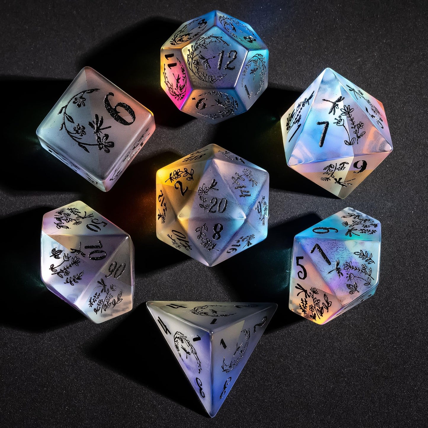 UDIXI Frosted Prism Glass Dice Set D&D RPG Dice Set with Leather Gift Box for Role Playing Games(Dragonfly and Flower)