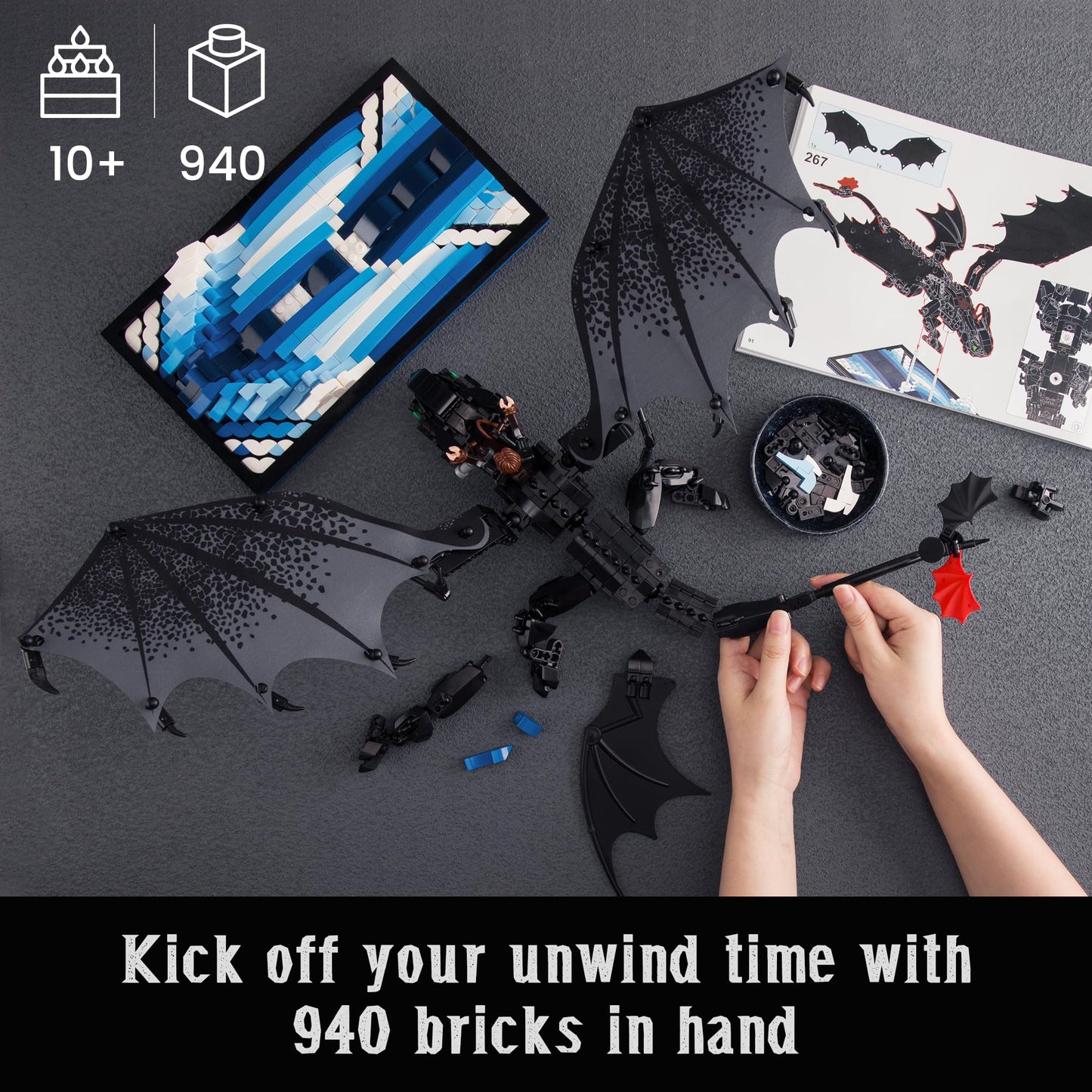JOJO&Peach Night Dragon Building Sets for Boys Aged 10+, Buildable Toy Kit for Home Décor & Display, Birthday Gift for Teens Adults Girlfriend Mom Wife(940 Pieces)
