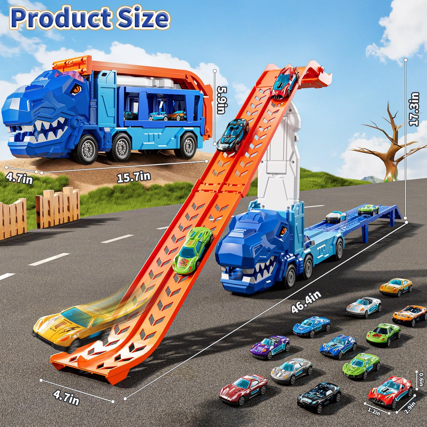 GYYCKTD Race Track Truck Toys for 3 4 5 6 7 8 Years Old Boys, Carrier Vehicle Playset with 12 Die-Cast Racing Car Toys, 2-Tier Storage, Car Ramps, Birthday Gifts for Toddlers Kids Girls Age 3-5 4-8