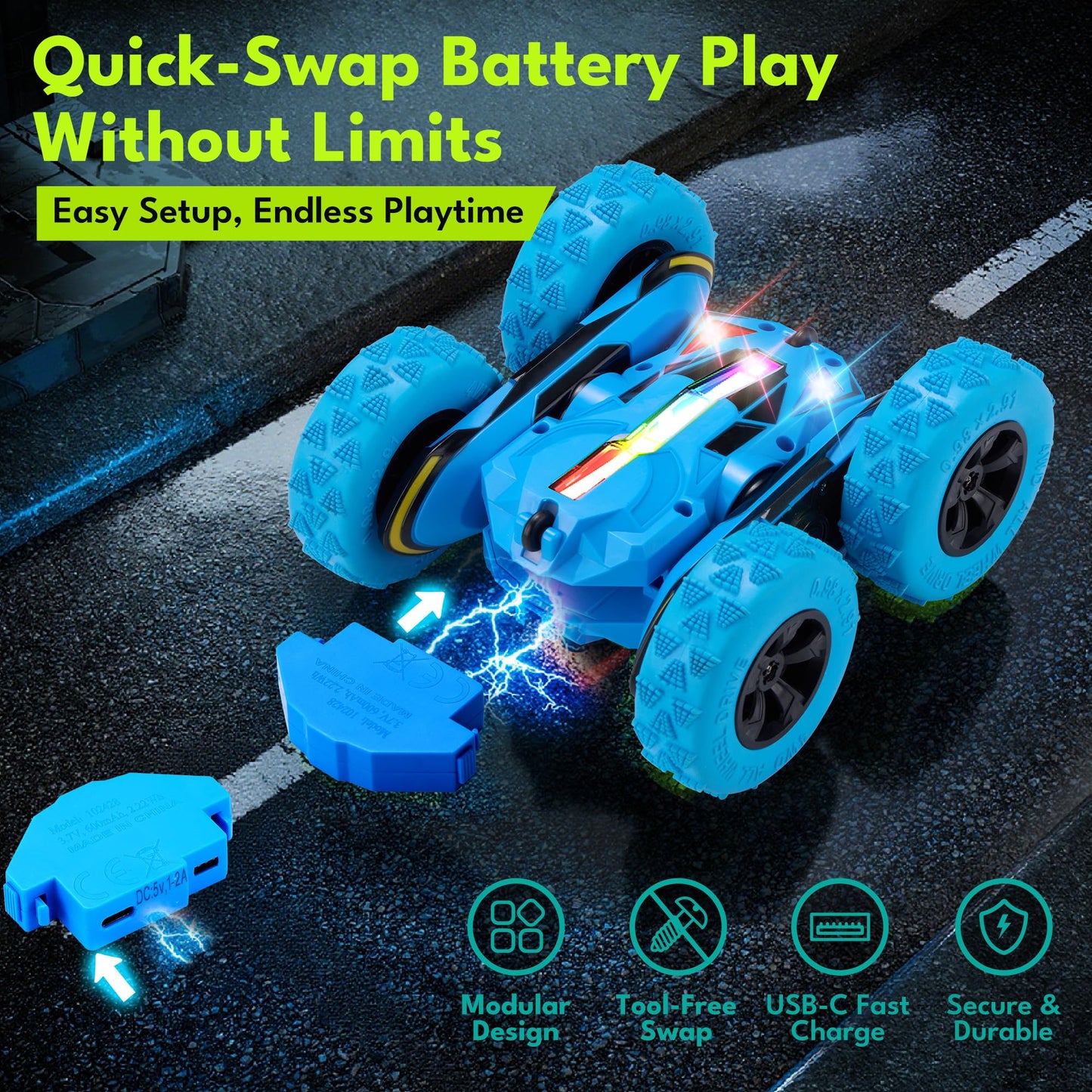 Threeking RC Stunt Car Remote Control Cars with Quick-Swap Modular Battery, 5 Upgrades: Safety, Durability, Auto Demo, Eye-Safe LEDs, Type-C Charging, Toys Presents Gifts for Boys Girls Kids Ages 6-12