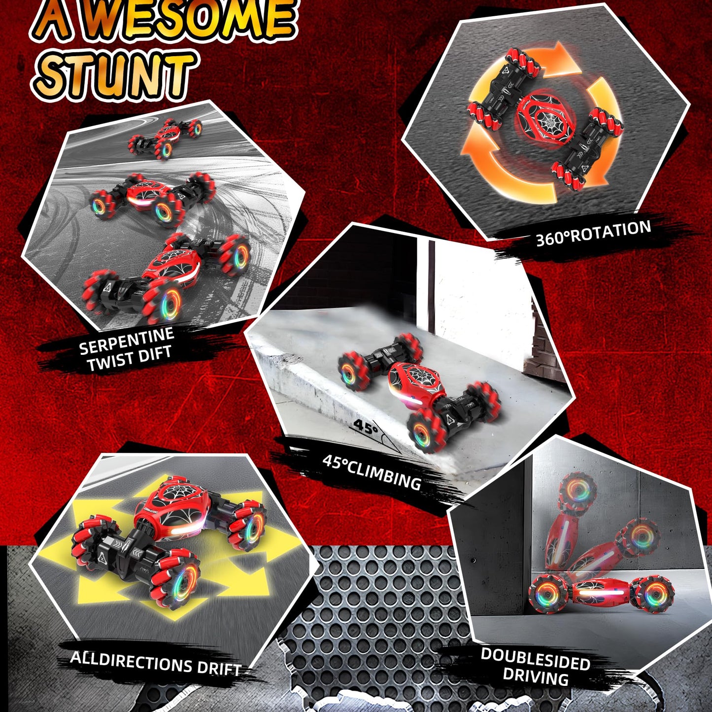 XUERENTECH Spider Gesture RC Car, 2.4GHz Gesture Sensing RC Stunt Car Toys for 6-12 Years Old Boys Girls, Hand Controlled Remote Drift Twist Offroad 360° Rotation with Lights Music for Birthday Gifts