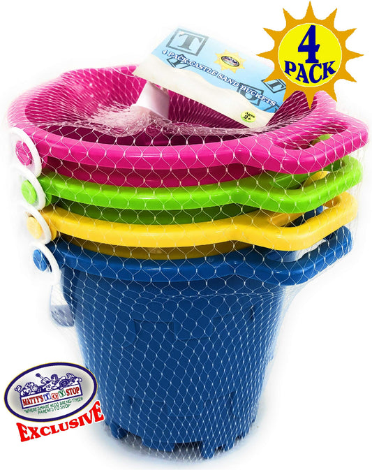 Matty's Toy Stop Beach Gear 7" Plastic Castle Mold Sand Buckets (Pails) with Easy Pour Spout and Handle Blue, Pink, Green & Yellow Party Set Bundle - 4 Pack