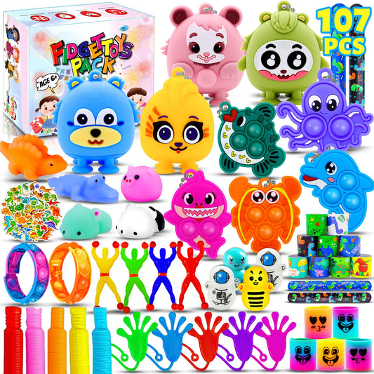 107Pcs Party Favors for Kids, Bulk Fidget Toy Pack, Prizes Box Toys for Kids Classroom, Treasure Box Toys Goodie Bag Pinata Stuffers for Kid 4-8, Birthday Gift, Classroom Prizes, Treasure Chest