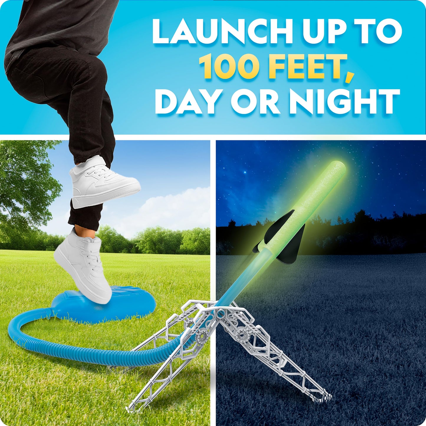 National Geographic Air Rocket Launcher Science Kit – Jump & Launch Glow-in-the-Dark Foam Rockets up to 100 Feet, Outdoor Toys for Kids 8–12, Backyard STEM Activity with Adjustable Launch Base