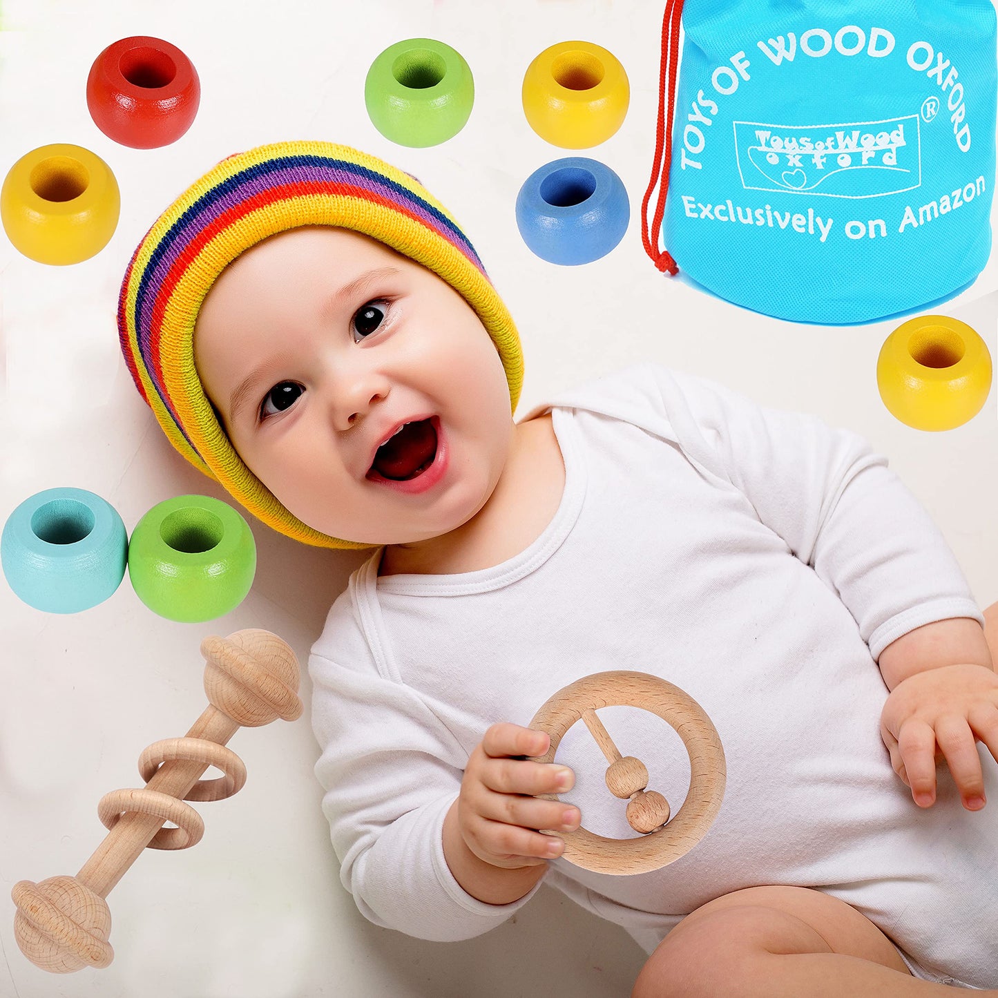 TOWO Wooden Rattles Maracas Baby Toys 6 Months-Organic Eco Toys for Infant Grasping Teething Natural Tether Musical Instrument Shaker Sensory Brain Development Newborn Birth Gift for Boys Girls