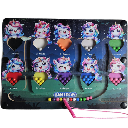 Unicorn Magnetic Wand Maze Board - Wooden Sorting Puzzle - Kids Ages 3–7 - Color Counting Toy for Toddlers - Montessori Learning for Fine Motor Skill Development with Number Matching Beads
