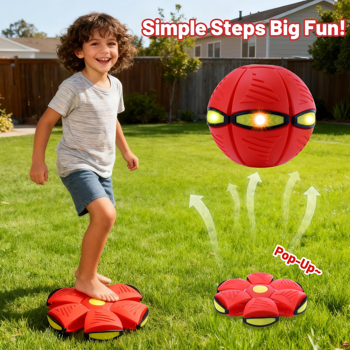 Magic Metaball, Children's Bouncing Ball, 2PCS Magic Flying Saucer Interactive Pop-Up Transform Toy, Parent-Child Interaction Red and Blue Bouncy Ball, Delay Frisbee Flying Disc Toy with 6 Light