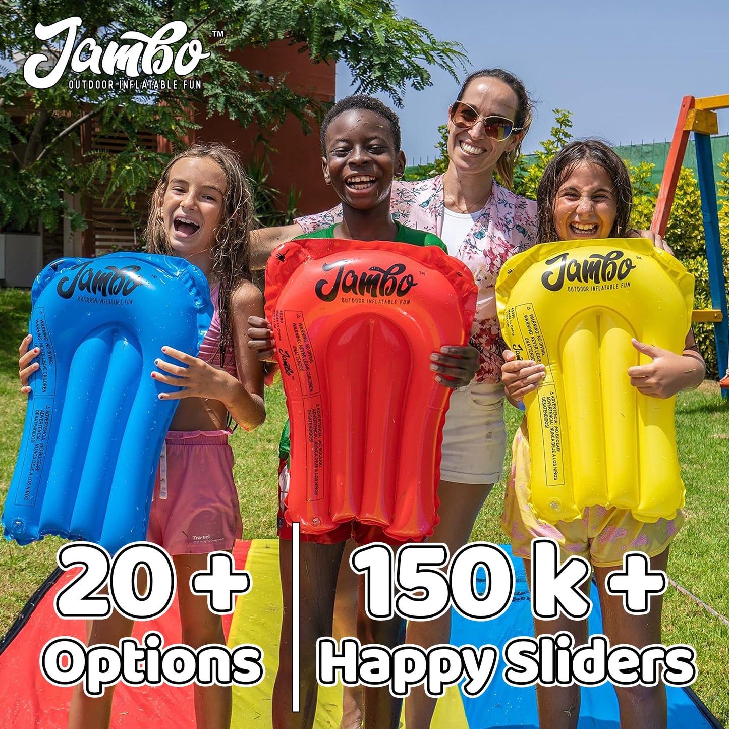 JAMBO XL 20Ft Summer Vibes Premium Slip and Slide with 3 Bodyboards, Heavy Duty Water Slide- Advanced 3-Way Water Sprinkler System, Backyard Waterslide Outdoor Water Toys n Slides for Kids