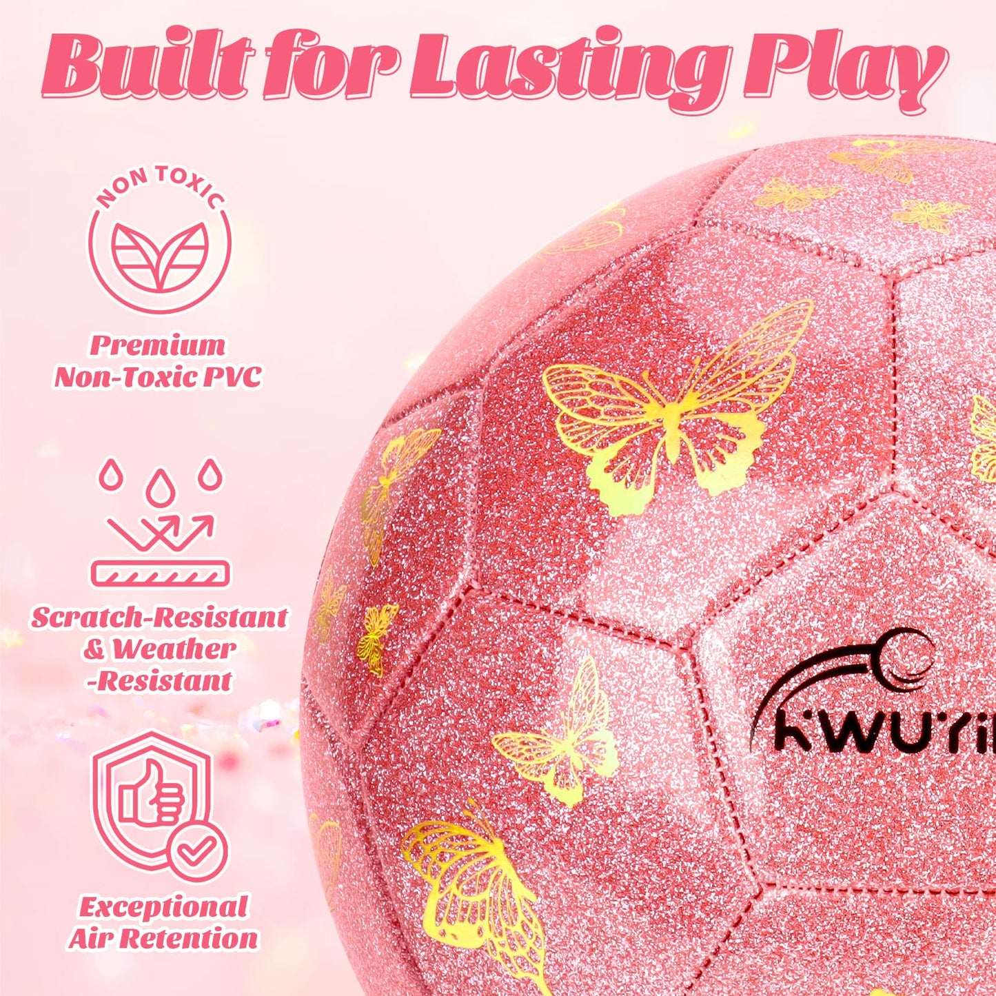Kids Soccer Goal Set with Size 2 Pink Glitter Butterfly Soccer Ball and Pump 2x1.5ft Portable Butterfly Print Soccer Nets for Toddlers Ages 3-5 Indoor Outdoor Backyard Training Gift Boys Girls