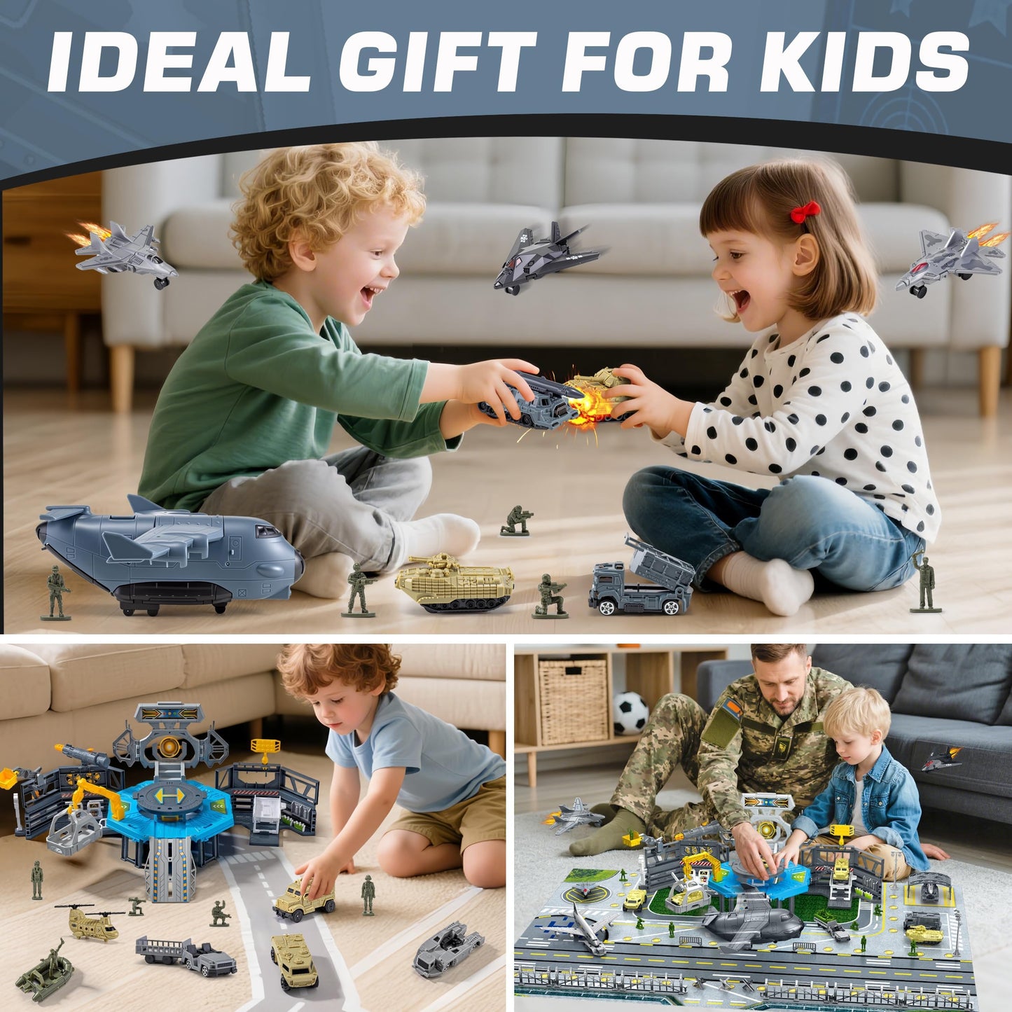 Military Airplane Toy, Army Toys Military Base Set with 14 Vehicles Plane Tank Trucks Helicopter Fighter Jet, Airport Play Mat with Army Men Action Figures and Accessories, Birthday Gift for Kids