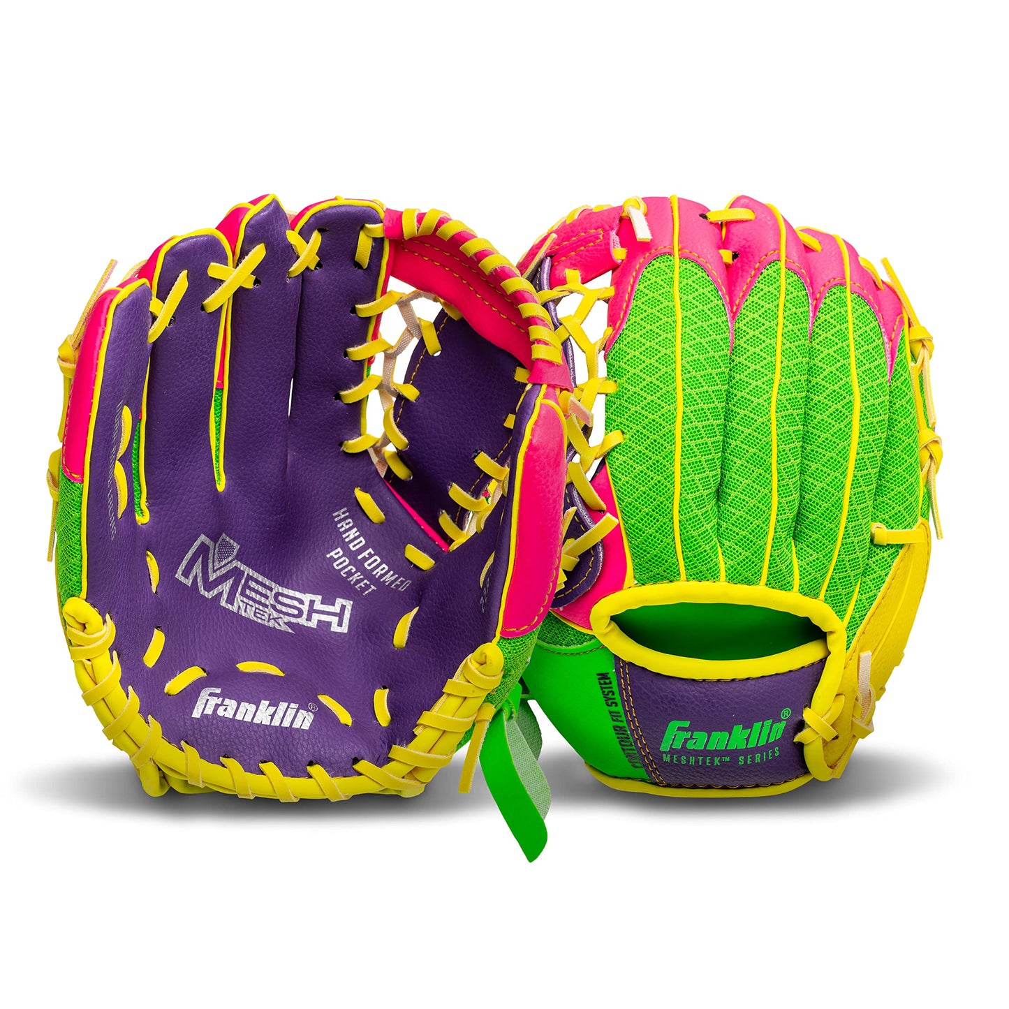 Franklin Sports Teeball Recreational Series Fielding Right Hand Glove with Baseball, 9.5-Inch, Purple/Lime/Pink/Yellow