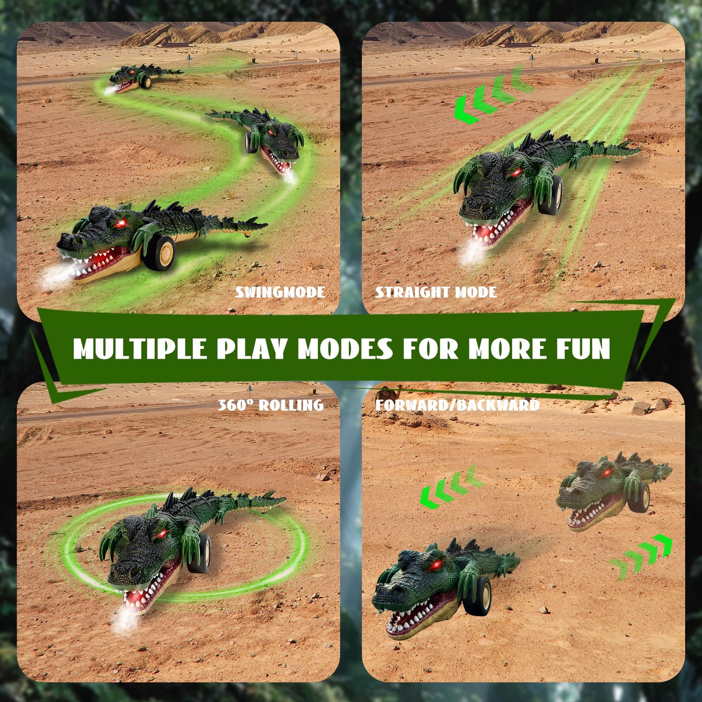 LEFEI Remote Control Crocodile Car Toy,2.4Ghz RC Toy Cars,Boys 3-12 Year Old,360°Rolling Turns & Slides with Lights Cool Outdoor Toys Birthday Gifts Xmas Gifts (Green)