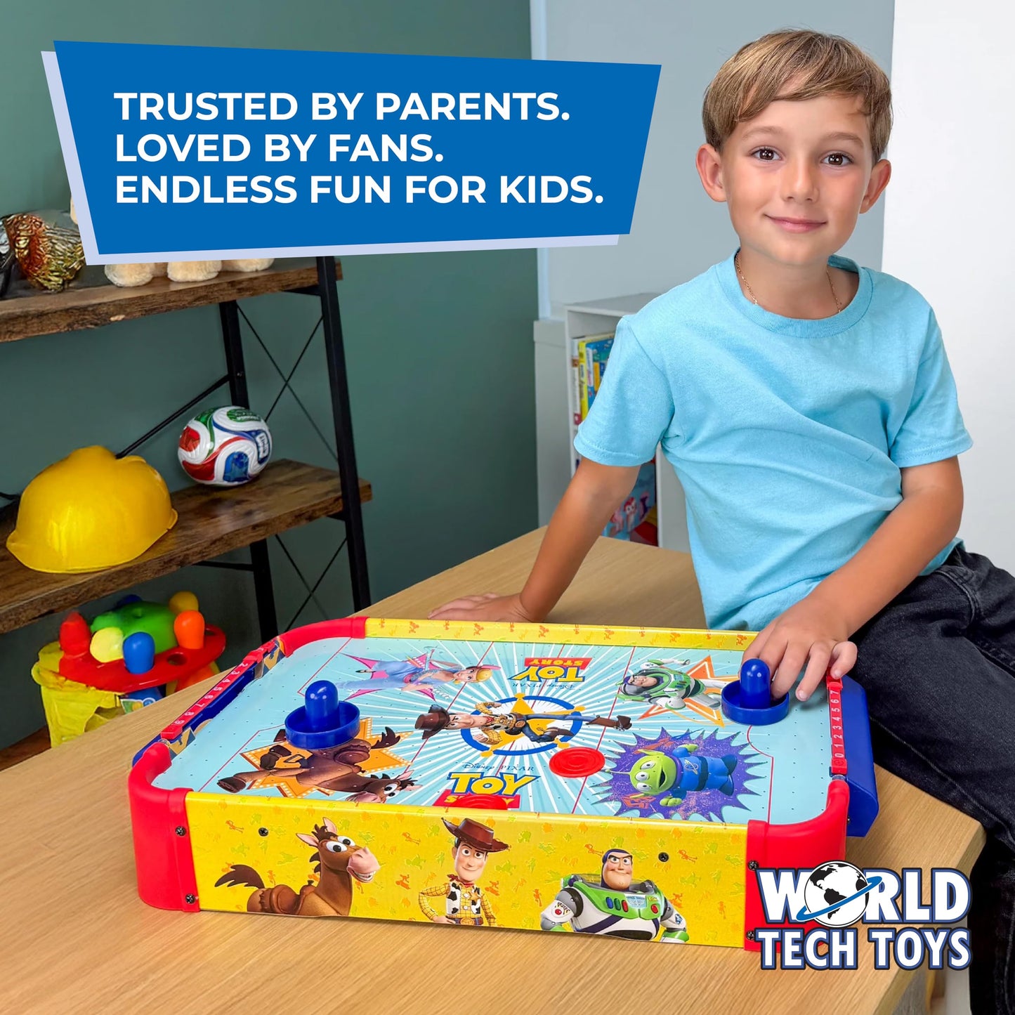 World Tech Toys Toy Story Air Hockey Table for Kids - Buzz & Woody Tabletop Game with Puck, Pushers & Air Flow System - Disney Pixar Licensed - Kids 4+