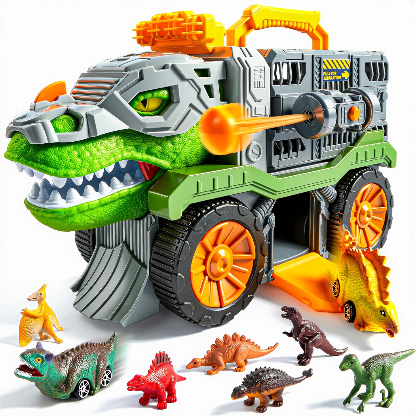 JOVA Vroomix Dinosaur Toys for Kids 3-5, Dinosaur Carrier Truck with 2 Pcs Cars and 6 Pcs Figures for Toddlers, T.Rex Truck with Launcher and Darts, Birthday Gifts Toys for 3 4 5+ Year Old Boy