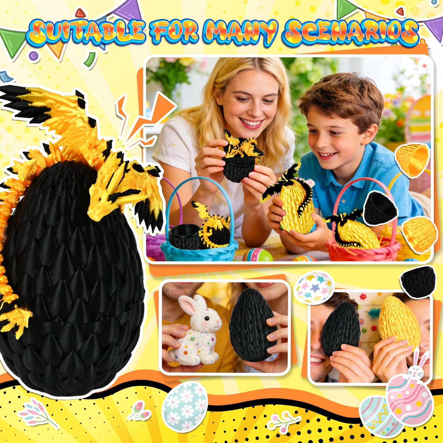 Impossmaker 3D Printed Fly Dragon Egg, Prefilled Easter Eggs Basket Stuffers, Cool Articulated Easter Dragon Gifts Toys, 3D Printer Animals Fidget Dinosaur Toys for Boys Kids Teen (2 Pack)