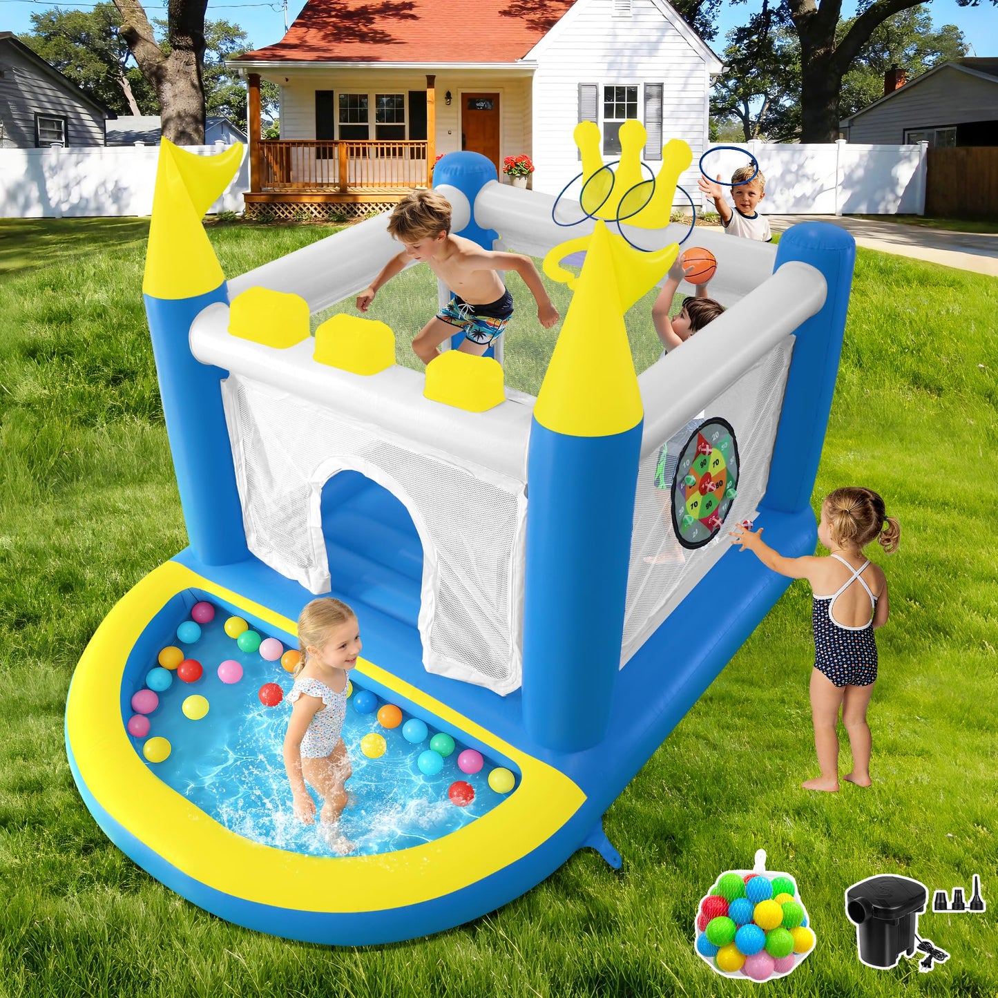 Ytonisld Mini Inflatable Bounce House with Ball Pit, 5 in 1 PVC Kids Bouncy Castle with Electric Air Pump, Small Crown Jump House for Kids Ages 3-8, Toddlers Playhouse Bouncer, Indoor/Outdoor