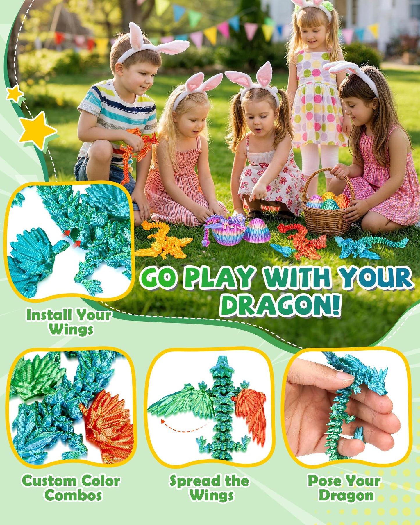 TBOLINE 4PCS 3D Printed Dragon Egg, Christmas Stocking Stuffers for Kids, Articulated Crystal Animals Fidget Toy, Small 3D Printer Dinosaur Eggs Party Favors Toy for Kids Boy Girls 5-7 8-12