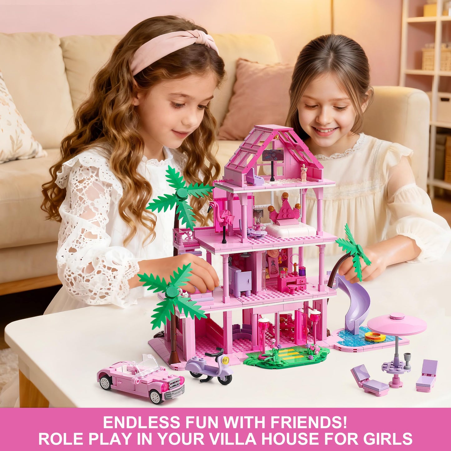 Girls House Building Sets Compatible with Lego Friends for Girls Age 8-12, 4-Story Pink Villa Building Blocks Toys with Pull-Out Floors, 903 Pieces Great Birthday Gift for Girls 8-14