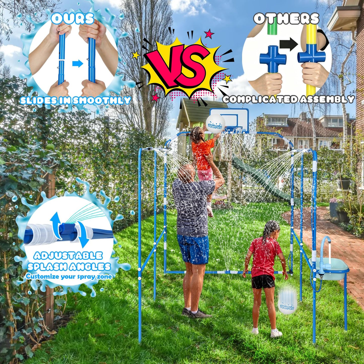 Focusport Backyard Water Park & Basketball Game Set, Heavy-Duty Steel Water Park Sprinkler Toy Game with 2 Basketballs, Water Basin & Faucet, Outdoor Summer Water Fun Play Toys for Kids & Family