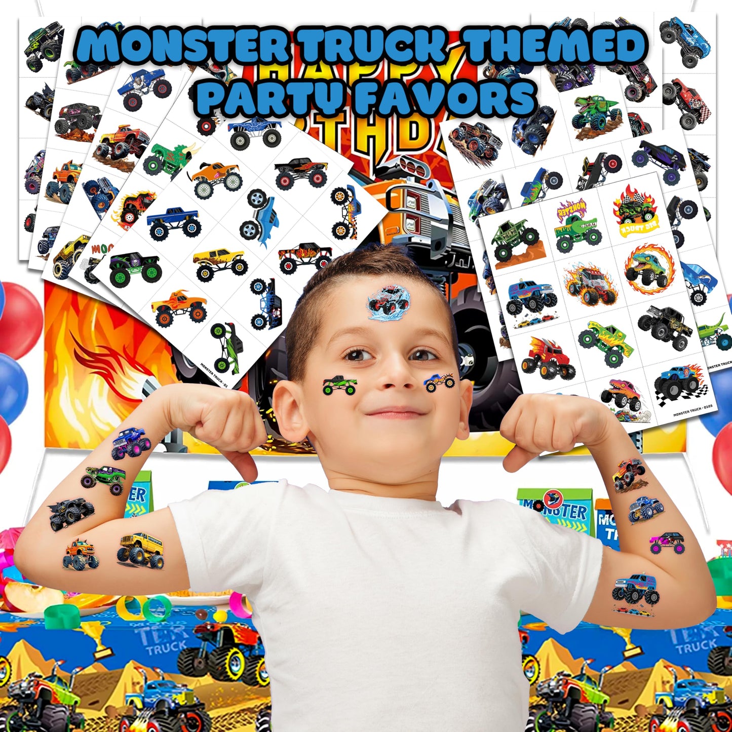 120 PCS Monster Truck Race Car Pre-Cut Temporary Tattoos for Kids | Super Cute Themed Birthday Party Favors, Supplies, Decorations, Fake Tattoo Stickers, Rewards & Gifts for Boys Girls