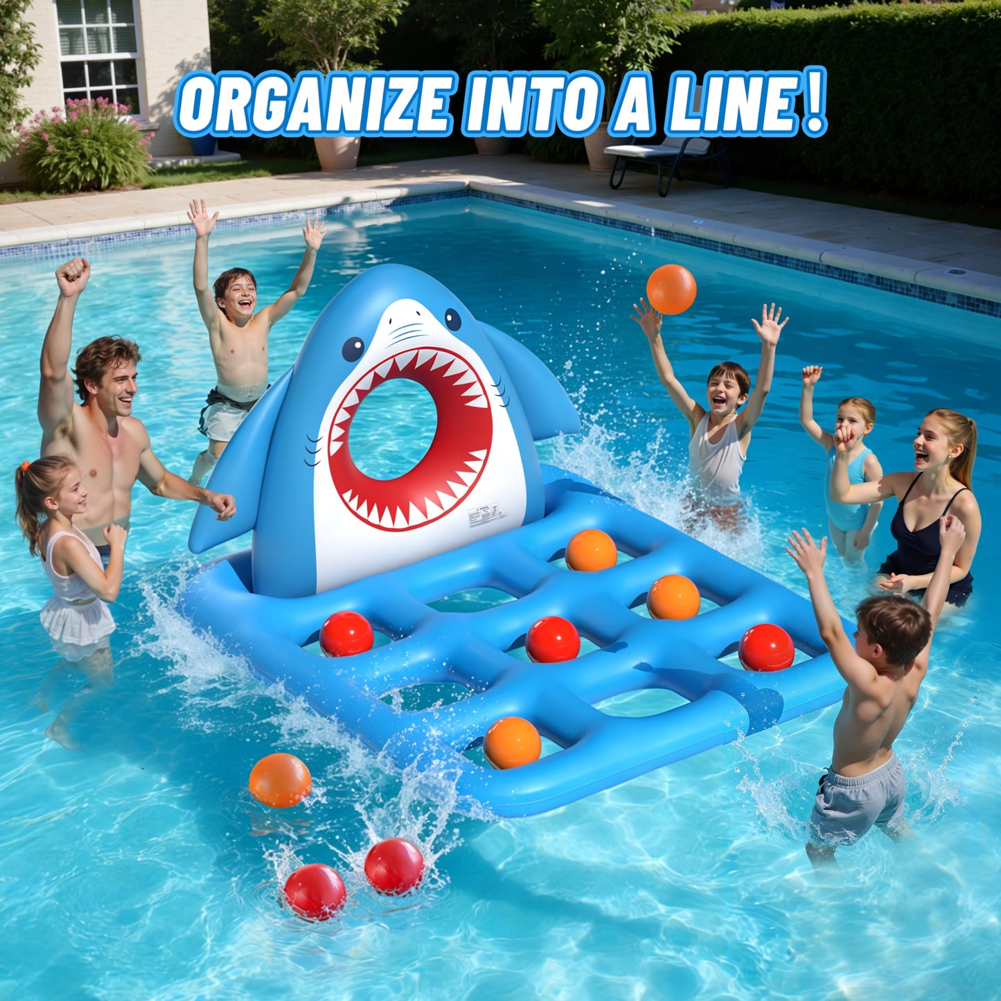 JOSEN Inflatable Pool Toy Set, Fun 2-in-1 Shark Pool Water Games Floating, Giant Tic Tac Toe Game with 10 Balls & Football - Family Pool Party Swimming Toys for Kids Ages 6+ Adults Teens