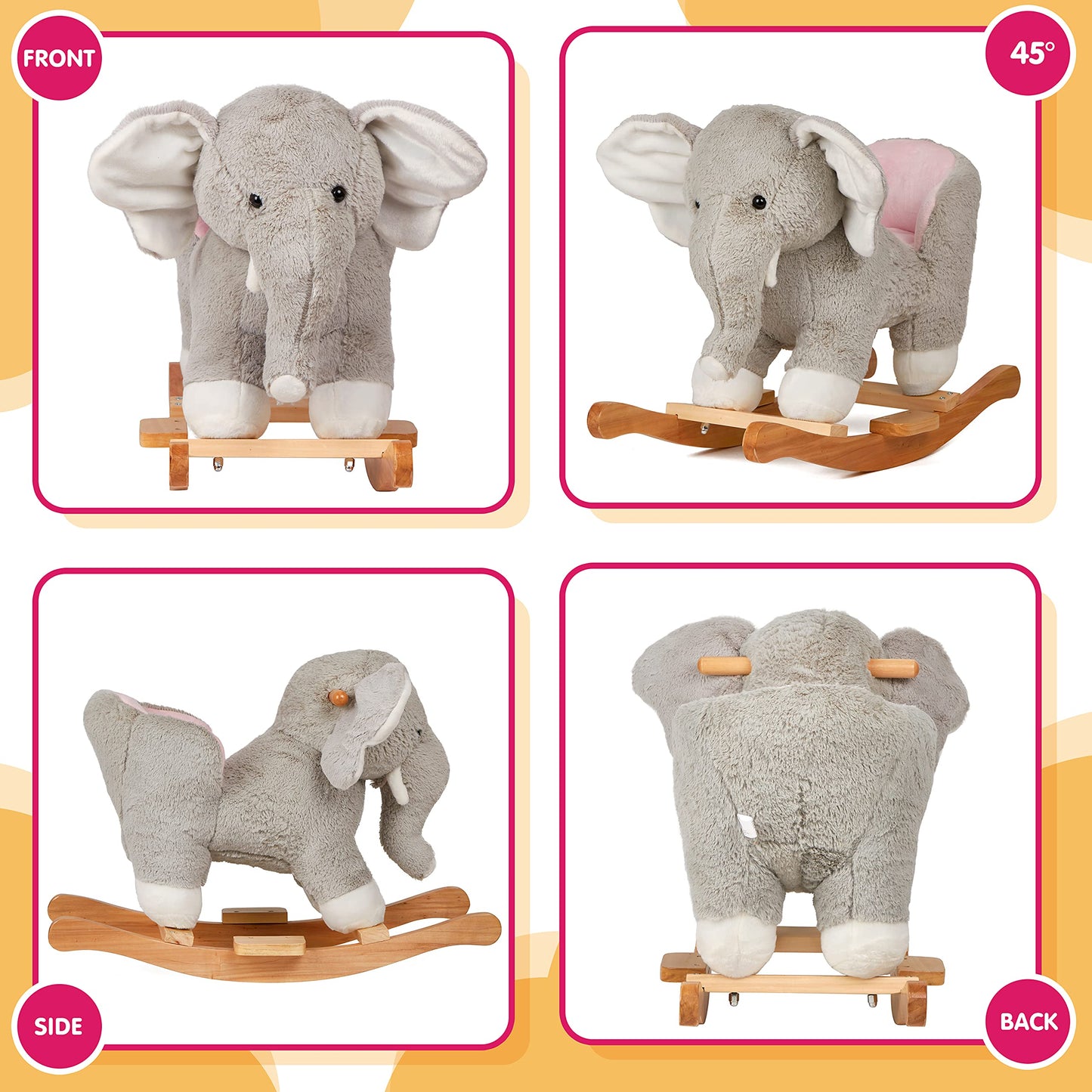 Elephant Baby Rocking Horse Wooden Rockers with Base Seat Safety Belt and 1 Pcs Elephant Plush Stuffed Animals Toy for Toddlers 1-3