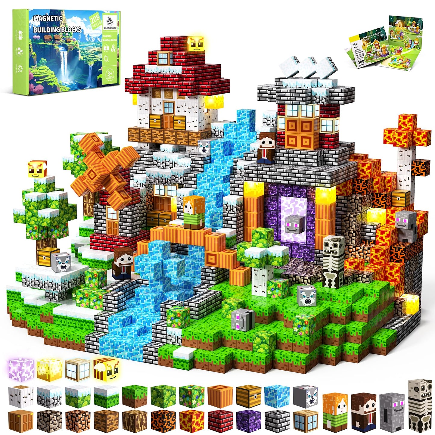 SSAWER Magnetic Blocks, 208PCS Magnetic Building Blocks, Stacking Magnetic for Kids, Sensory Toy for STEM Constructions Magnetic Blocks for Boys Girls Age 3+, Holiday Birthday Gifts