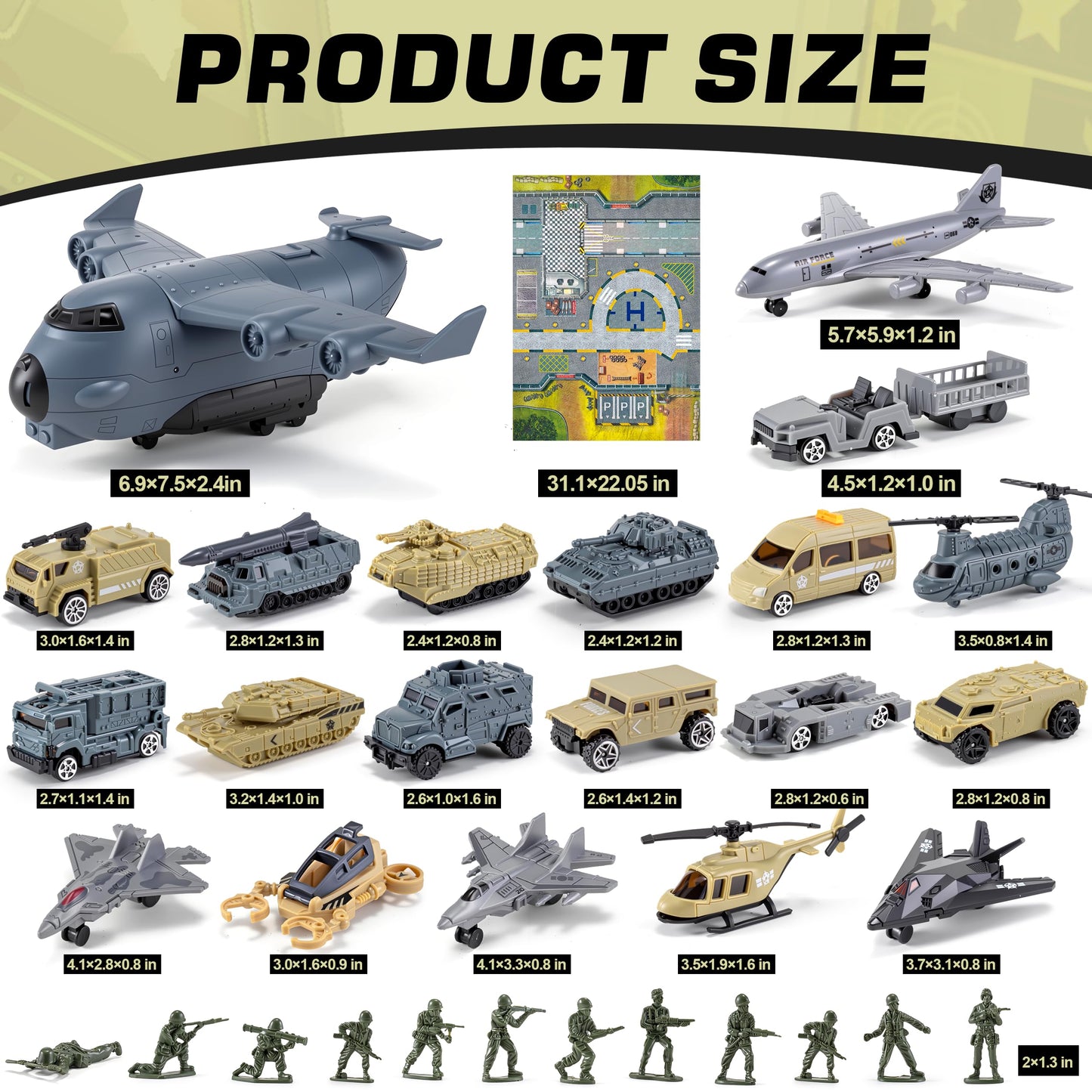 XDUOYJOY 33 in 1 Military Airplane Toy with Army Men Action Figures, Army Toys Playset with Vehicles Tanks Trucks Plane Helicopters Fighter Jets and Play Mat, Gifts for Boys Girls