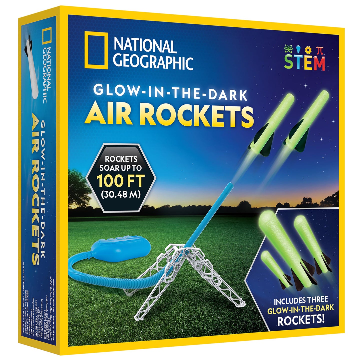 National Geographic Air Rocket Launcher Science Kit – Jump & Launch Glow-in-the-Dark Foam Rockets up to 100 Feet, Outdoor Toys for Kids 8–12, Backyard STEM Activity with Adjustable Launch Base