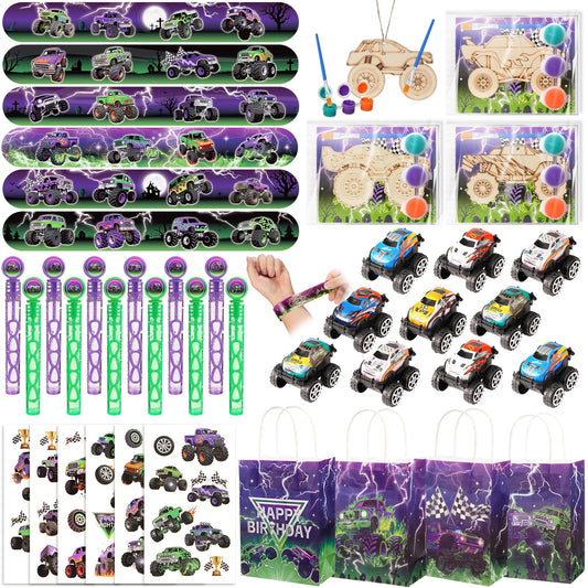 Vanblue 84 Pcs Monster Truck Party Favors Green Purple Truck Car Birthday Decorations Supplies Goodie Bag Stuffers Gift for Boy Party Pinata Filler Classroom Rewards