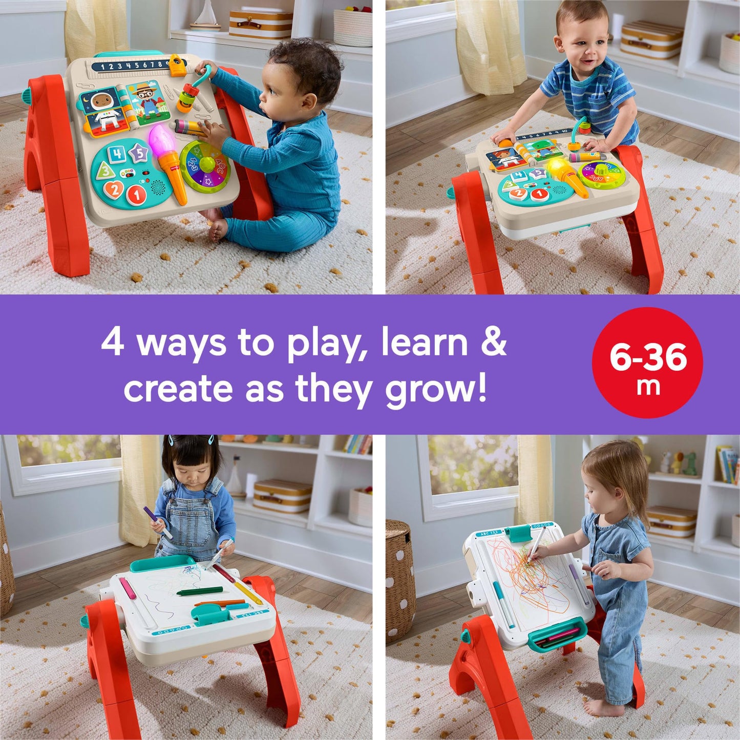 Fisher-Price Baby & Toddler Toy Laugh & Learn 4-in-1 Activity Table & Art Easel with Educational Music for Ages 6+ Months, Multilanguage Version