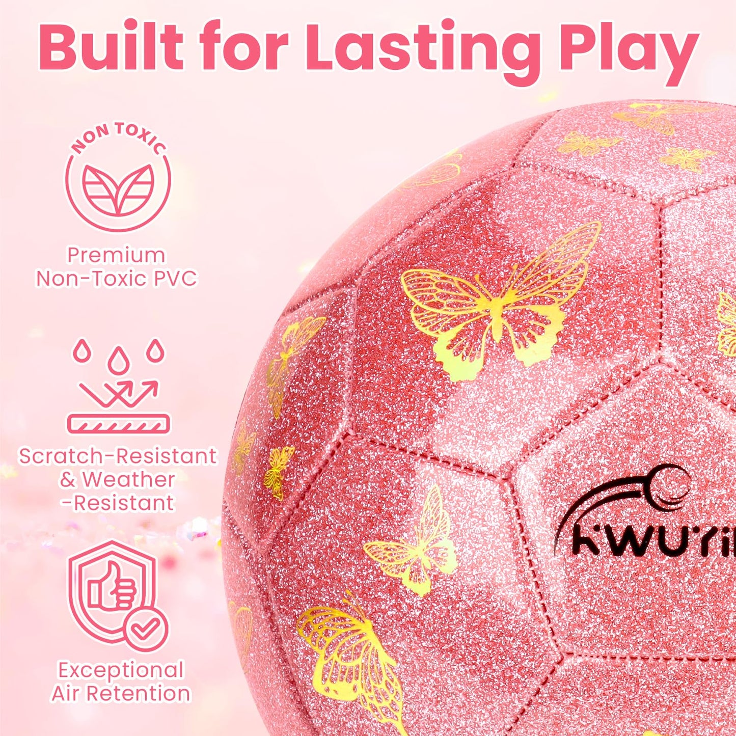 OKWUYiK Kids Soccer Goal Set with Size 3 Pink Glitter Butterfly Soccer Ball and Pump Toddlers Ages 3-5 Indoor Outdoor Backyard Training Gift Boys Girls