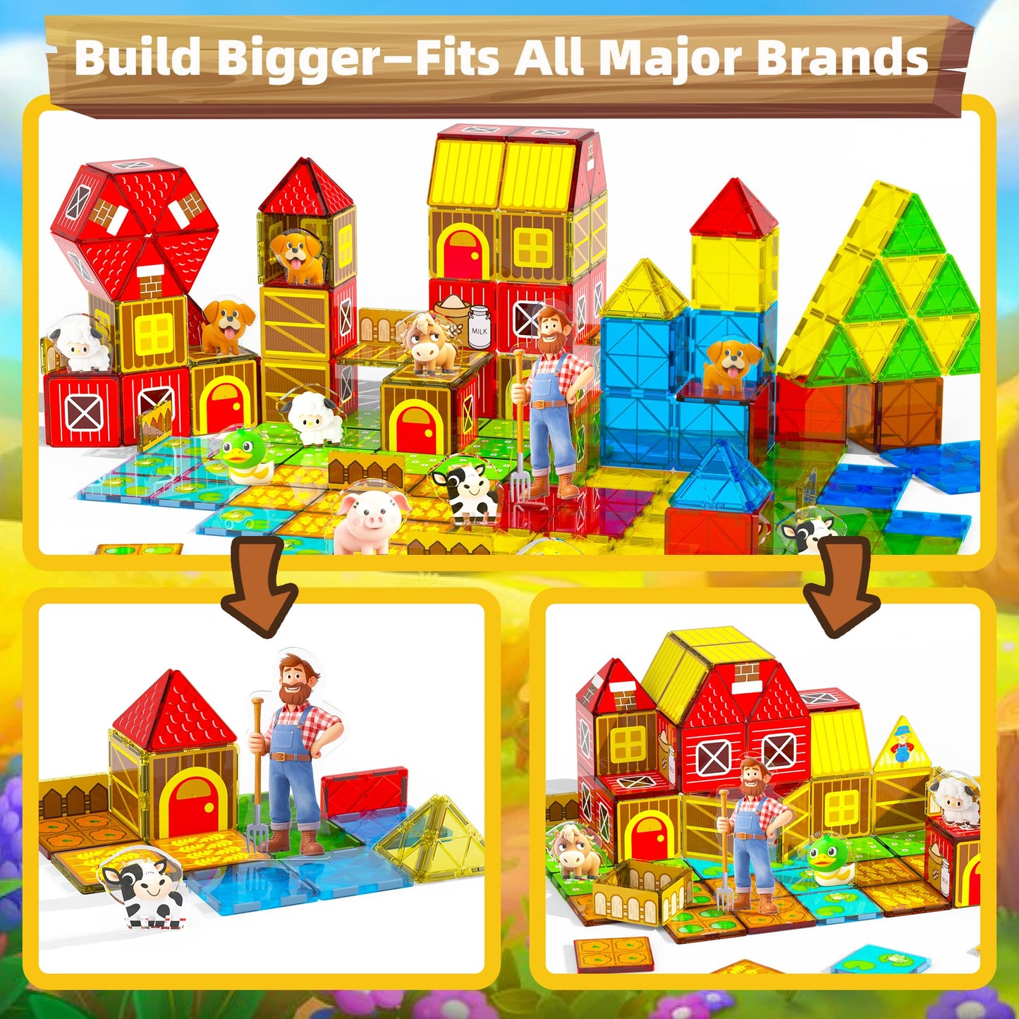 GobiDex Magnetic Tiles with Farm Animals Building Blocks, STEM Sensory Toys for Indoor, Outdoor, and Travel Play, Educational Magnet Toy Gift for Preschool Kids Ages 3-5, 4-8