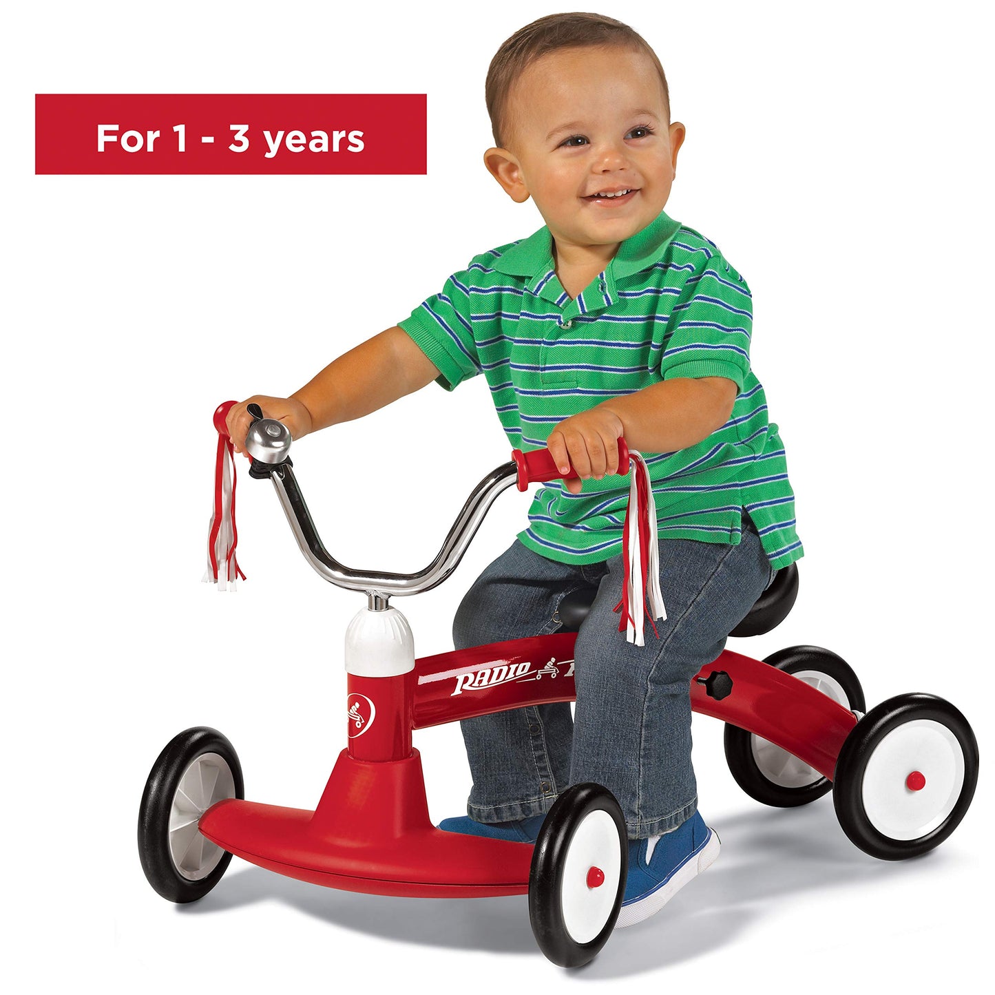 Radio Flyer Scoot About Ride On, For Toddlers 1-3, Adjustable Seat, Stable Wide-Set Front Wheels, Clear Kick Path, Furniture-Friendly Bumper, Easy-Glide Wheels, 42 lb Capacity, Toddler Ride On Toys