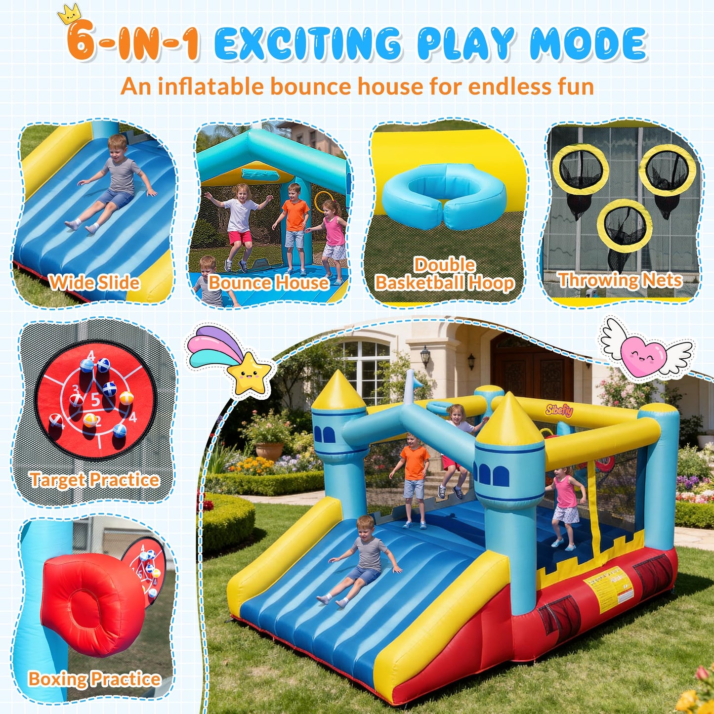 Sibefiy Bounce House, 6-in-1 Play Mode Inflatable Bounce House for Kids, High Elasticity Bouncy House with 480W Blower, Bouncy Castle with Wide Slide for Christmas, Birthday Parties