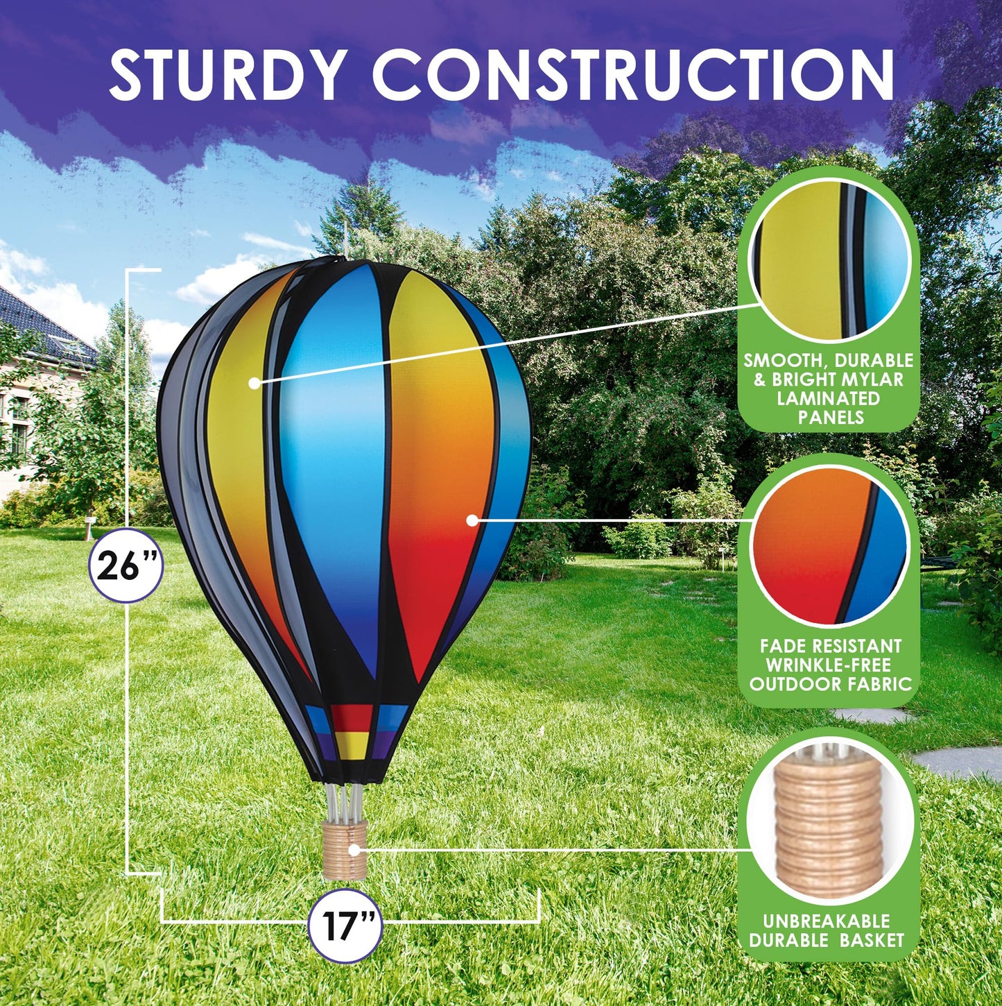 Hot Air Balloon Hanging Garden Spinner 26" - Vibrant Sunset Gradient Design, Weather-Resistant Outdoor Decor, Durable & Lightweight for Patios, Yards, and Gardens - Eye-Catching Wind Spinner