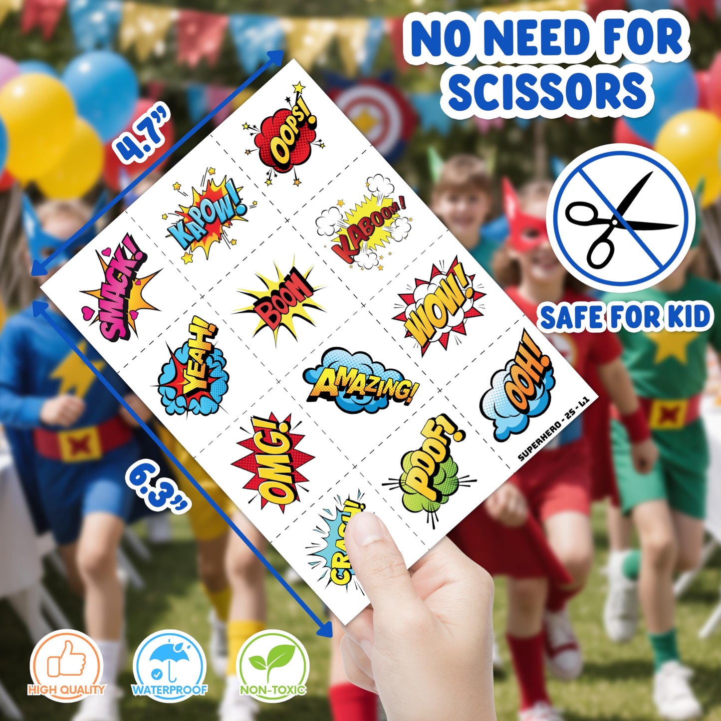 48PCS Hero Pow Party Favors - 24PCS Temporary Tattoos & 24PCS Stick Hands Party - Perfect Birthday Party Supplies, Goodie Bag Stuffers, Treasure Box Toys, Classroom Prizes, and Student Gifts