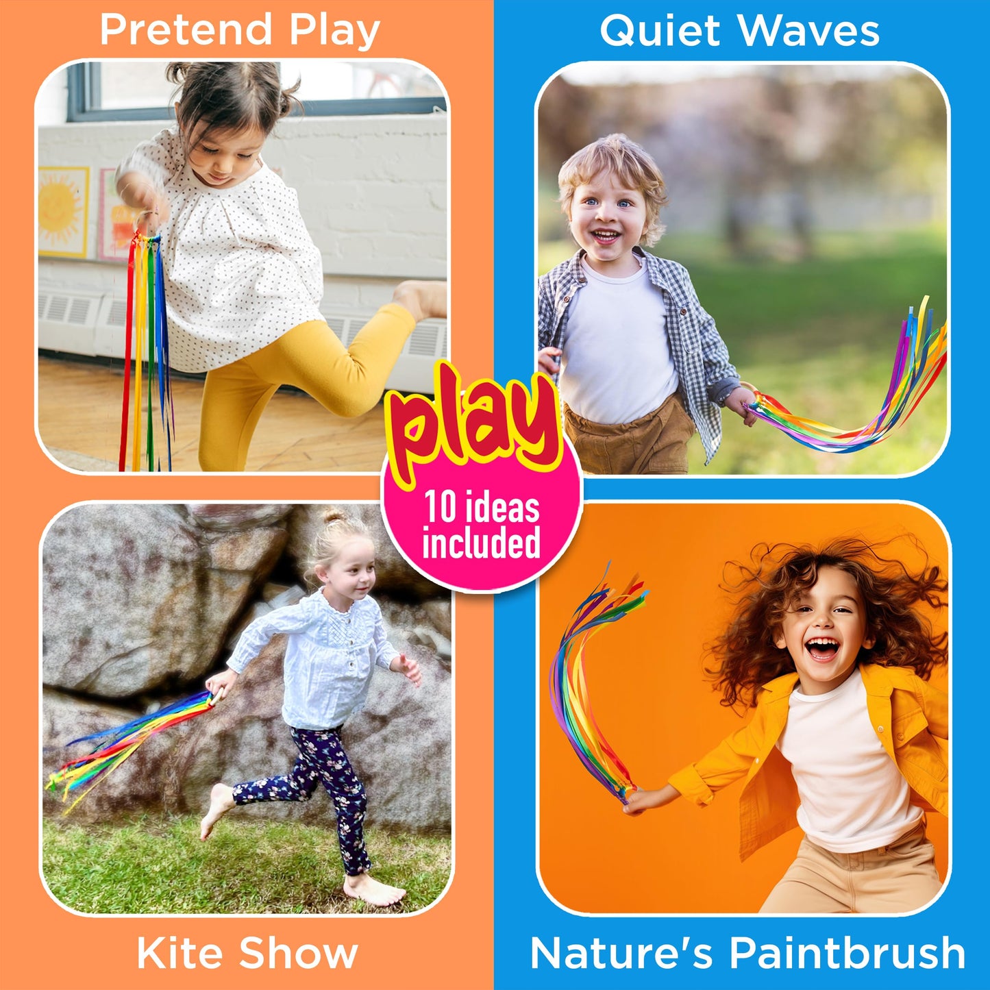 Covelico Rainbow Hand Ribbon Kite, 2 x Montessori Inspired Ribbon Toy, Each Wooden Rings with 7 Bright Rainbow Streamers, Waldorf Sensory String Toys for Kids & Gymnastics Dance Ribbons for Toddlers